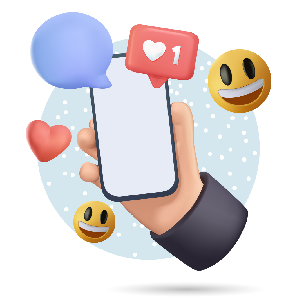 smartphone dans une main avec des likes, des commentaires et des sourires